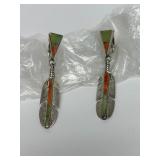 Great Looking Pair of Sterling Silver Native American Inlaid Feather Earrings