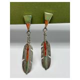 Great Looking Pair of Sterling Silver Native American Inlaid Feather Earrings