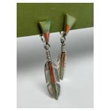 Great Looking Pair of Sterling Silver Native American Inlaid Feather Earrings
