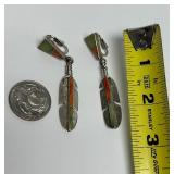 Great Looking Pair of Sterling Silver Native American Inlaid Feather Earrings