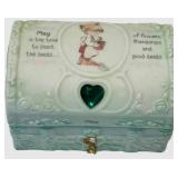 Precious Moments May Emerald Color of Patience with Treasure Chest and Angel Figurine