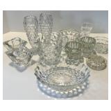 Assorted 12 piece Crystal Diamond-Cut Glassware Collection - Vases, Candle Holder, Bowls, Sugar & Creamer including Fostoria