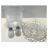 Diamond-Cut Glass Ice Bucket, Serving Dish with Salt & Pepper Shakers