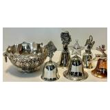 Silver Holiday Bell Set & Ornate Bowl, Angel, Santa & Reindeer Motifs
