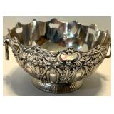Silver Holiday Bell Set & Ornate Bowl, Angel, Santa & Reindeer Motifs