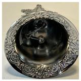 Silver Holiday Bell Set & Ornate Bowl, Angel, Santa & Reindeer Motifs
