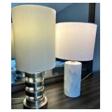 White & Silver Table Lamp Pair with Fabric Drum Shades