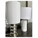 White & Silver Table Lamp Pair with Fabric Drum Shades