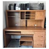 Oak Office Desk with Hutch & File Cabinet - Open Shelves & Drawers, on Casters and Desk Organizers