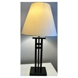 Black Metal Table Lamp with Geometric Frame & White Fabric Shade