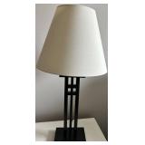 Black Metal Table Lamp with Geometric Frame & White Fabric Shade