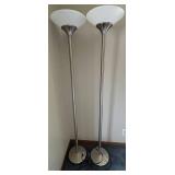 Twin-Head Floor Lamp Set - Satin Nickel Finish - White Bowl Shades (Lot of 2)