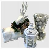 Christmas Decor including Deer,  Lantern & Ornament Display Container