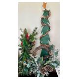 Green Glitter Cone Christmas Tree with Star Top & Wreath - Peacock Feather Tree