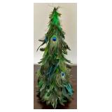 Green Glitter Cone Christmas Tree with Star Top & Wreath - Peacock Feather Tree