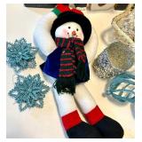 Snowman Decor Set with Plaid Scarves & Teal Glitter Accents and More