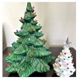 Ceramic Christmas Trees - Green with Multicolor Lights (missing base) and White
