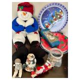 Christmas Decor Lot - Snowman Plush, Decorative Plate & Card Tin Set