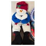 Christmas Decor Lot - Snowman Plush, Decorative Plate & Card Tin Set