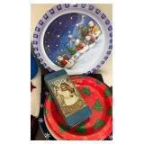Christmas Decor Lot - Snowman Plush, Decorative Plate & Card Tin Set