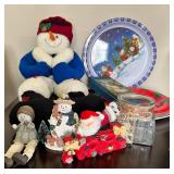 Christmas Decor Lot - Snowman Plush, Decorative Plate & Card Tin Set