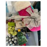 Christmas Decor Lot - Snowman Plush, Decorative Plate & Card Tin Set