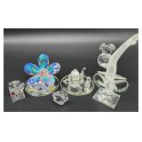 Crystal Miniatures Set - Hibiscus Flower, Teapot, Slot Machine, Penguin & Panda on Frosted Tree