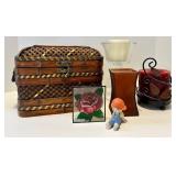 Vintage Wicker Basket with Hand Painted Rose Panel & Glass Candle Holder