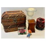 Vintage Wicker Basket with Hand Painted Rose Panel & Glass Candle Holder