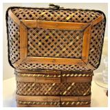 Vintage Wicker Basket with Hand Painted Rose Panel & Glass Candle Holder