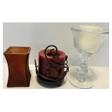 Vintage Wicker Basket with Hand Painted Rose Panel & Glass Candle Holder