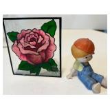 Vintage Wicker Basket with Hand Painted Rose Panel & Glass Candle Holder