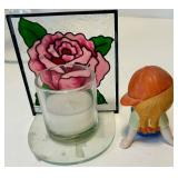 Vintage Wicker Basket with Hand Painted Rose Panel & Glass Candle Holder