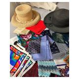 Hats & Scarves Bundle - Straw Hat, Black Wide-Brim Hat, Colorful Scarves