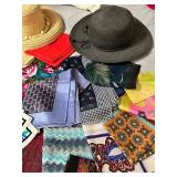 Hats & Scarves Bundle - Straw Hat, Black Wide-Brim Hat, Colorful Scarves