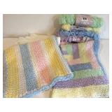 Baby Blankets - Pastel Stripes & Blocks (Lot of 3) with Partial Skeins of Yarn