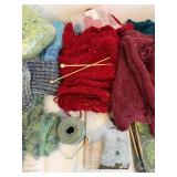 Assorted Yarn & Knitting Supplies - Multicolor Textured Yarns & Needles including Uncompleted Knitting Projects
