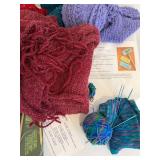 Assorted Yarn & Knitting Supplies - Multicolor Textured Yarns & Needles including Uncompleted Knitting Projects