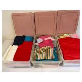 Assorted Fabric in Pink Plastic Storage Bins with Lids