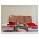 Assorted Fabric in Pink Plastic Storage Bins with Lids