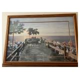 Framed Seascape Wall Art - Coastal Deck Scene - Bistro Table with Flowers & Sunset
