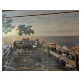 Framed Seascape Wall Art - Coastal Deck Scene - Bistro Table with Flowers & Sunset