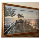 Framed Seascape Wall Art - Coastal Deck Scene - Bistro Table with Flowers & Sunset