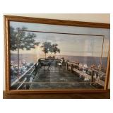 Framed Seascape Wall Art - Coastal Deck Scene - Bistro Table with Flowers & Sunset
