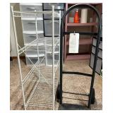 White Wire Shelving Rack & Black Hand Truck Dolly