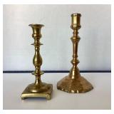 Mixed Pair of Antique Brass Candlesticks