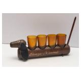 Vintage “Booze Hound” Dachshund Shot Glass Holder w/ 4 Amber Glasses – 1950s Barware