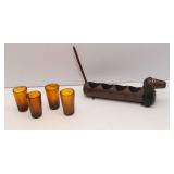 Vintage “Booze Hound” Dachshund Shot Glass Holder w/ 4 Amber Glasses – 1950s Barware