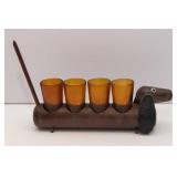 Vintage “Booze Hound” Dachshund Shot Glass Holder w/ 4 Amber Glasses – 1950s Barware