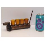 Vintage “Booze Hound” Dachshund Shot Glass Holder w/ 4 Amber Glasses – 1950s Barware